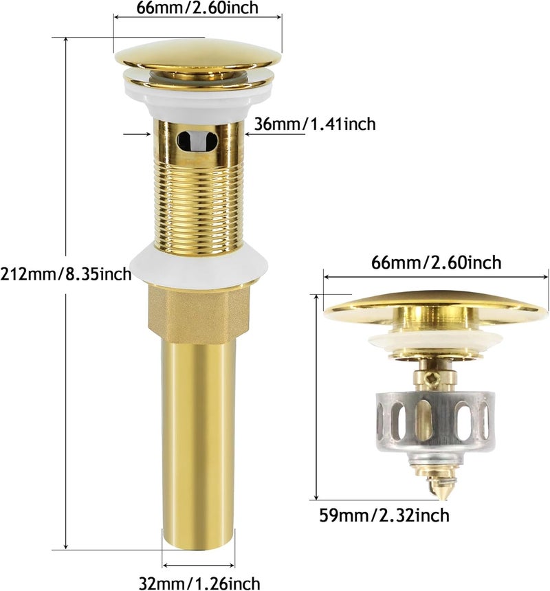 Rackickyer Bathroom Sink Drain, Gold Drain Stopper Bathroom Sink with Overflow,Pop Up Drain Assembly with Detachable Strainer Basket,Built-in Anti-Clogging Strainer,Stainless Steel Gold - Image 3